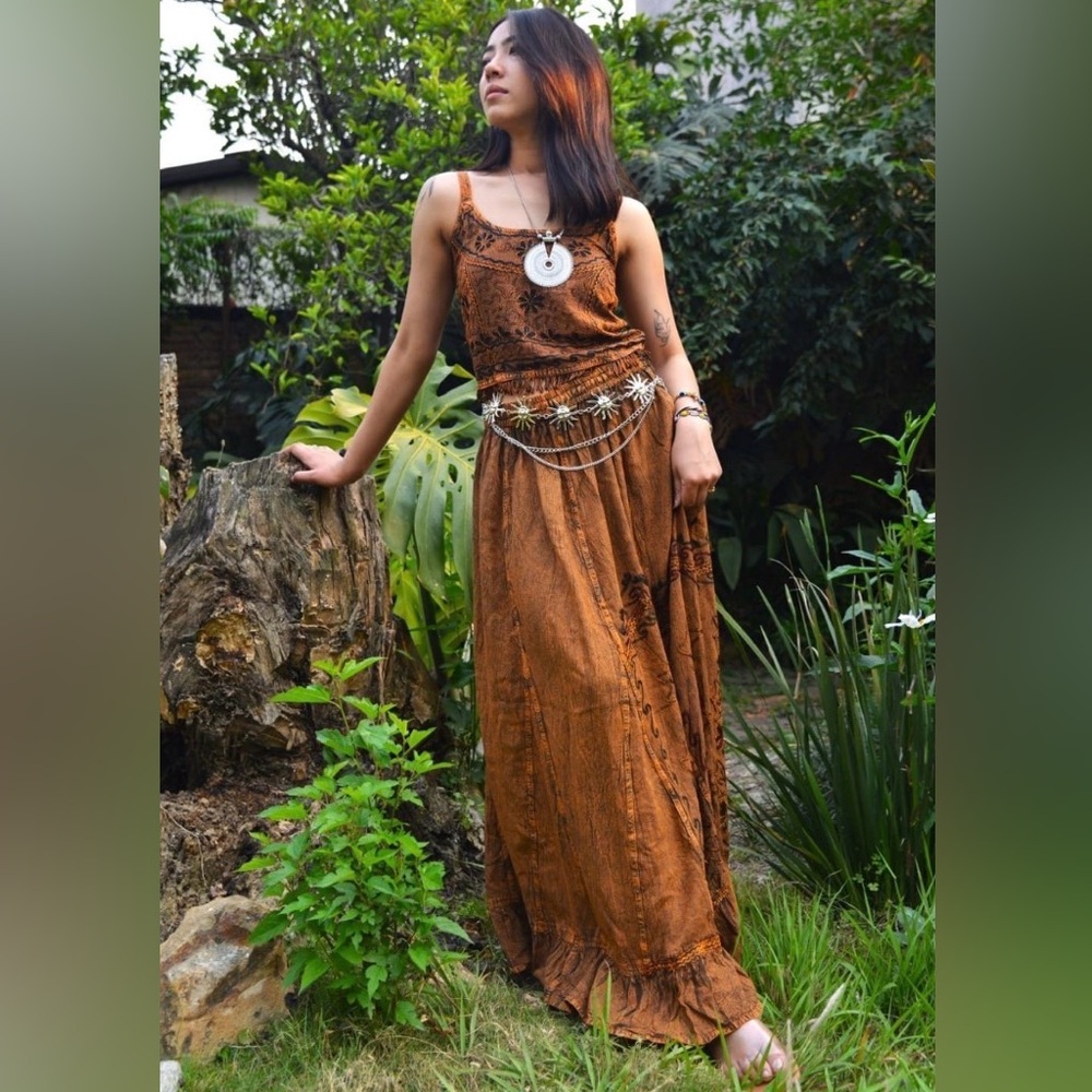 Brown Maxi Skirt and Top Set— Boho Floral Print Women's Maxi - Picture 6 of 7